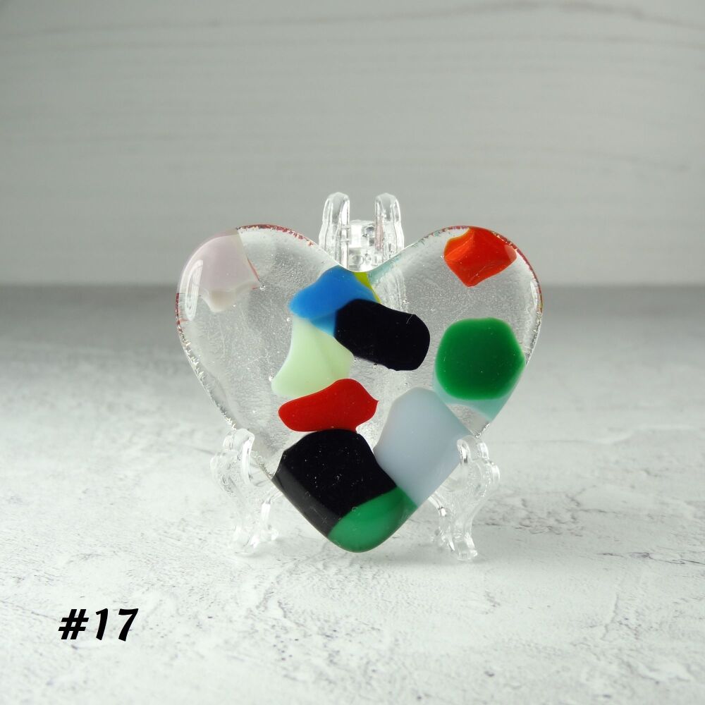 Handcrafted multi-coloured fused glass heart with a stand - 5 cm (+/-) heart (#17)