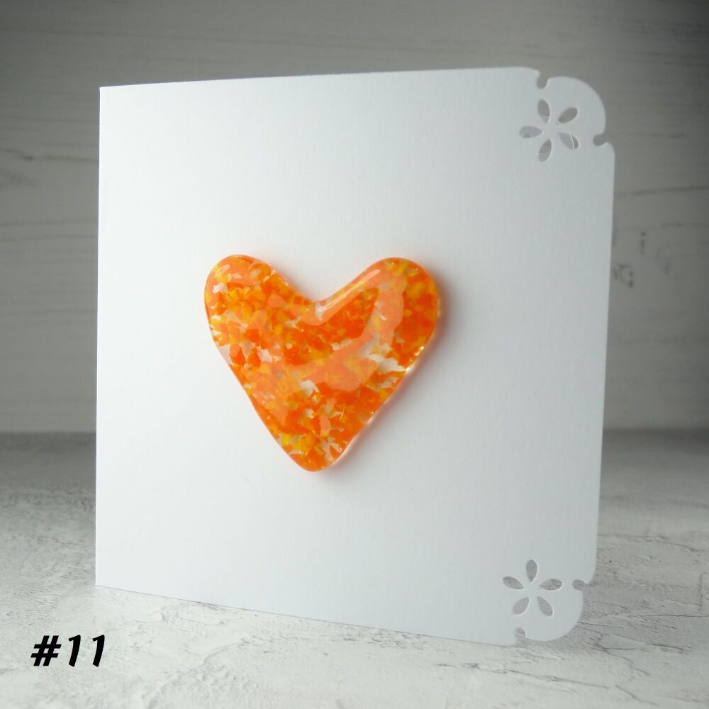 Handcrafted tangerine & yellow fused glass heart greeting card any occasion love romance anniversary - 10cm card 4-4.5cm heart (#11)