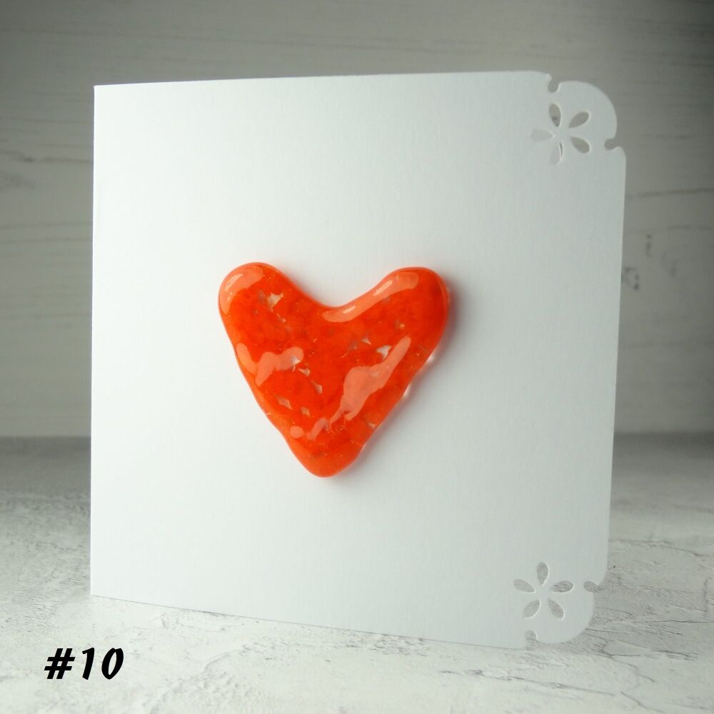 Handcrafted orange fused glass heart greeting card any occasion love romance anniversary - 10cm card 4-4.5cm heart (#10)