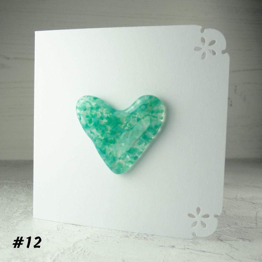 Handcrafted turquoise fused glass heart greeting card any occasion love romance anniversary - 10cm card 4-4.5cm heart (#12)