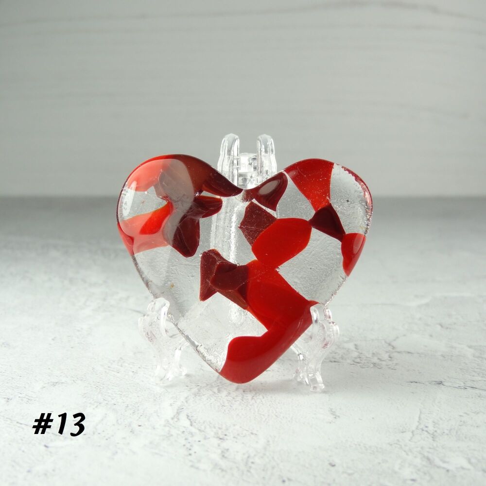 Handcrafted red fused glass heart with a stand - 5 cm (+/-) heart (#13)