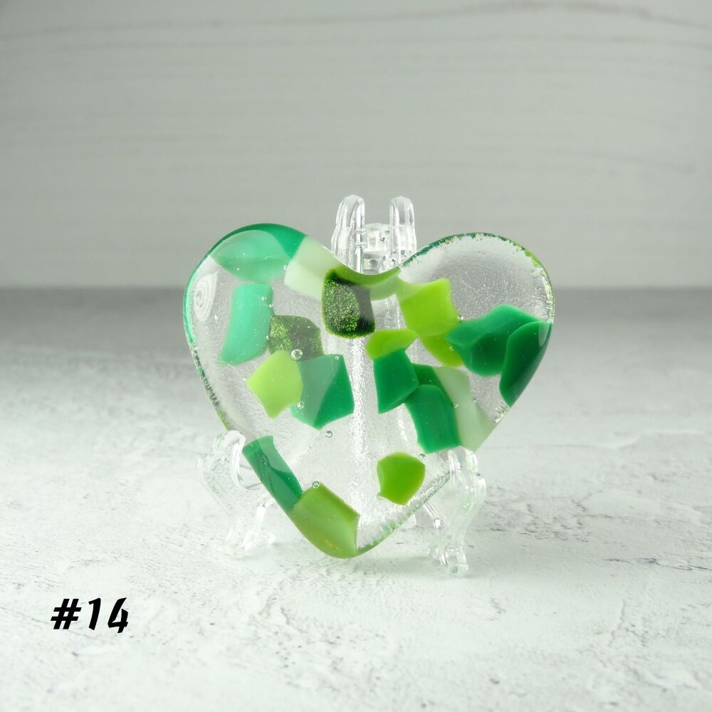 Handcrafted green fused glass heart with a stand - 5 cm (+/-) heart (#14)