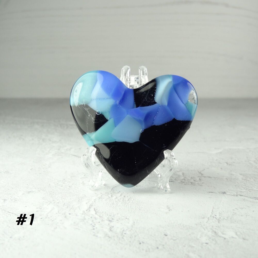 Handcrafted blue & black fused glass heart with a stand - 5 cm (+/-) heart (#1)