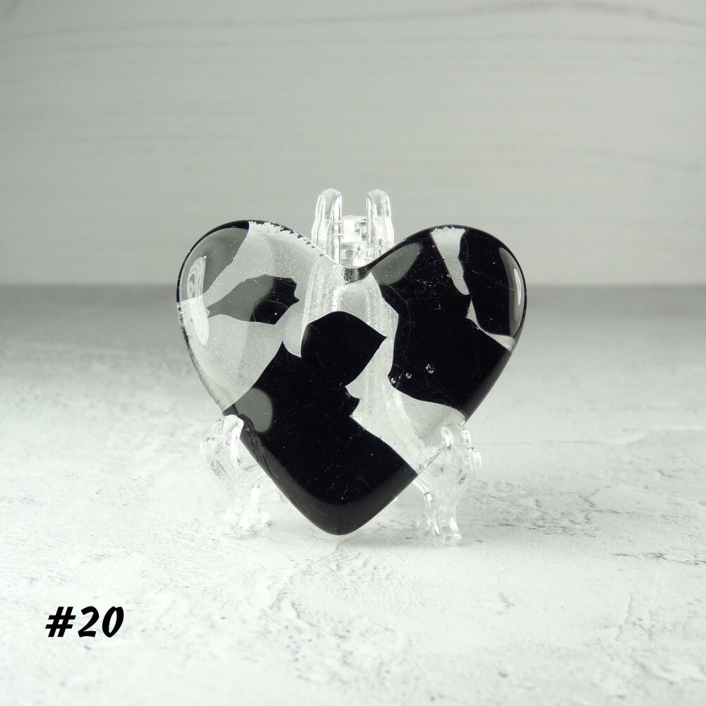 Handcrafted black & clear fused glass heart with a stand - 5 cm (+/-) heart (#20)