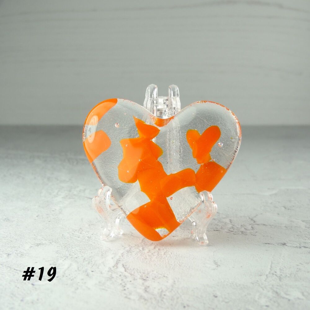 Handcrafted orange fused glass heart with a stand - 5 cm (+/-) heart (#19)