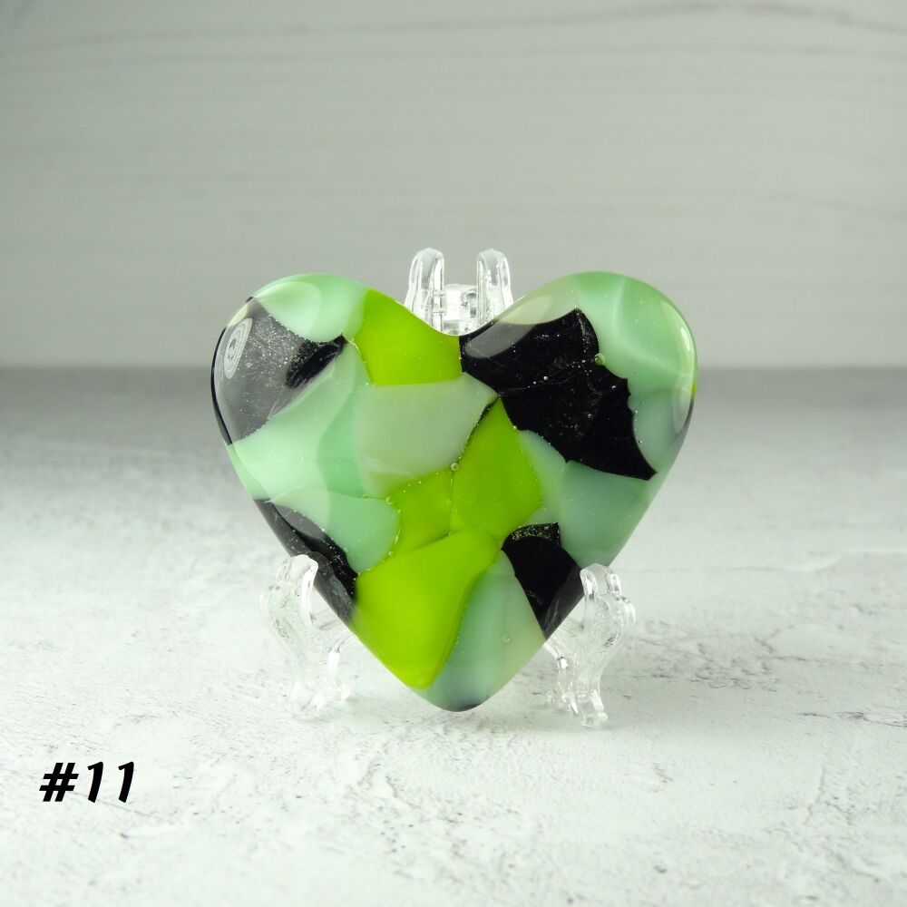 Handcrafted green & black fused glass heart with a stand - 5 cm (+/-) heart (#11)