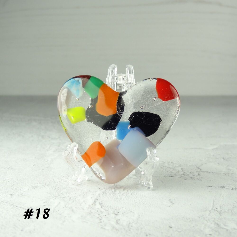 Handcrafted multi-coloured fused glass heart with a stand - 5 cm (+/-) heart (#18)