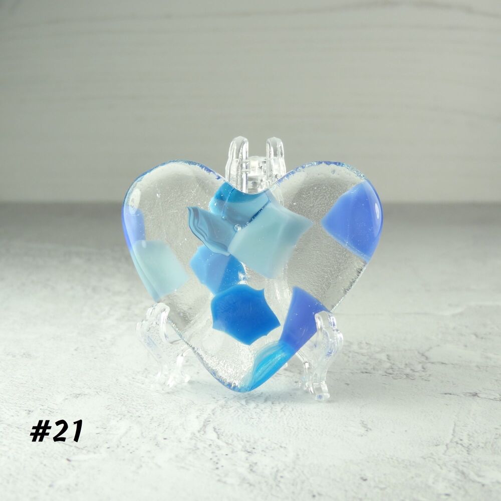 Handcrafted blue fused glass heart with a stand - 5 cm (+/-) heart (#21)