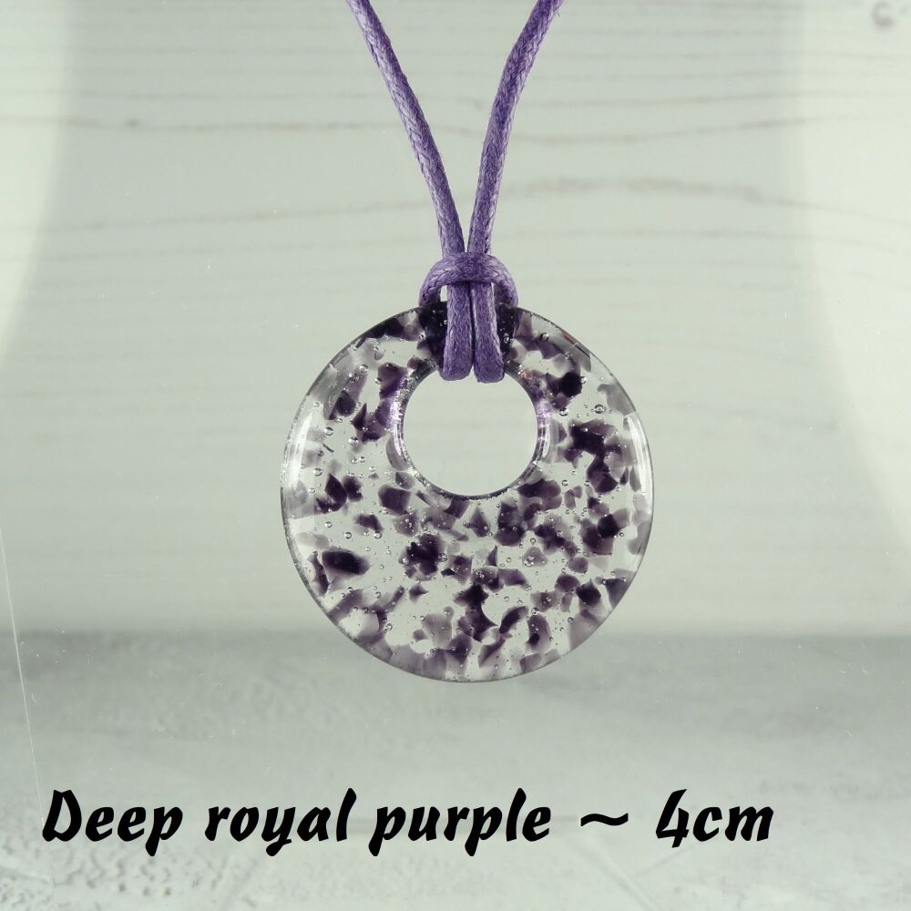 Handcrafted deep royal purple fused glass off-set round pendant on a waxed cotton cord with lobster clasp (#25)