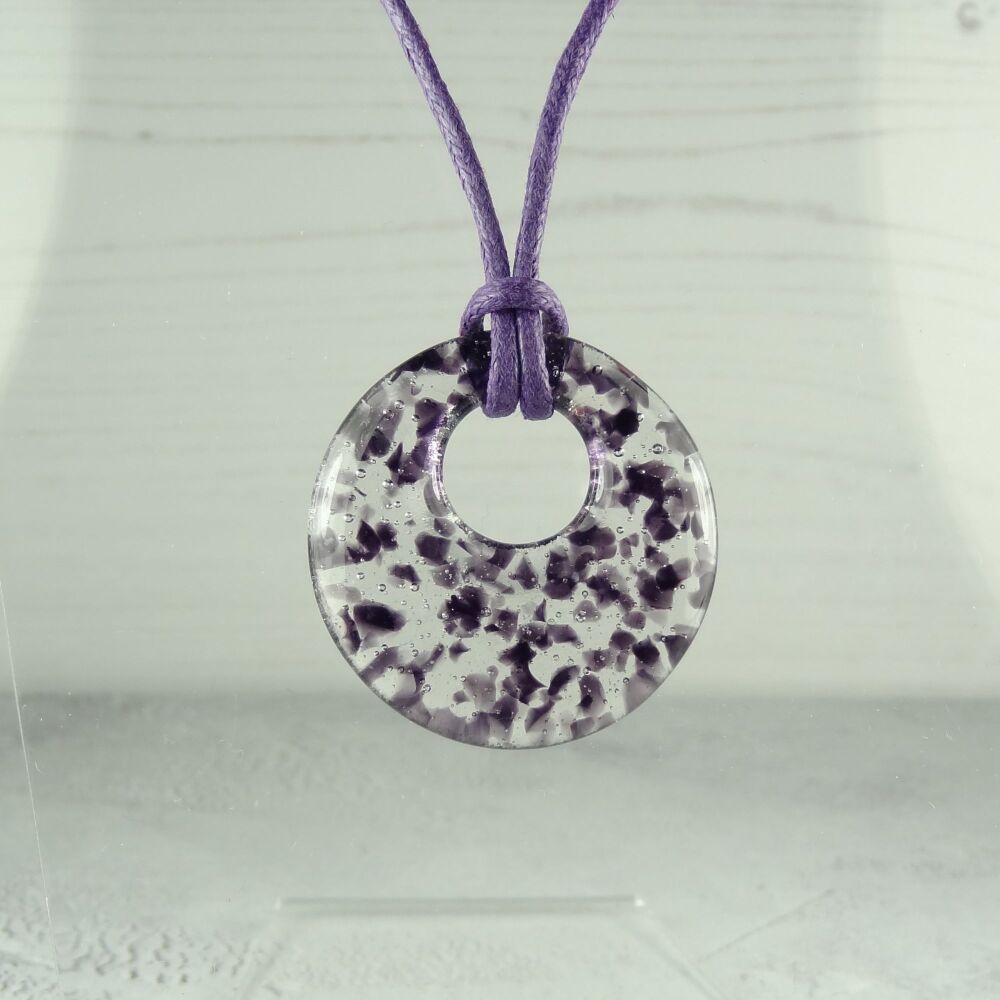 Handcrafted deep royal purple fused glass off-set round pendant on a waxed cotton cord with lobster clasp (#25)