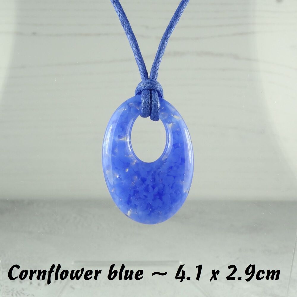 Handcrafted cornflower blue fused glass off-set oval pendant on a waxed cotton cord with lobster clasp (#16)