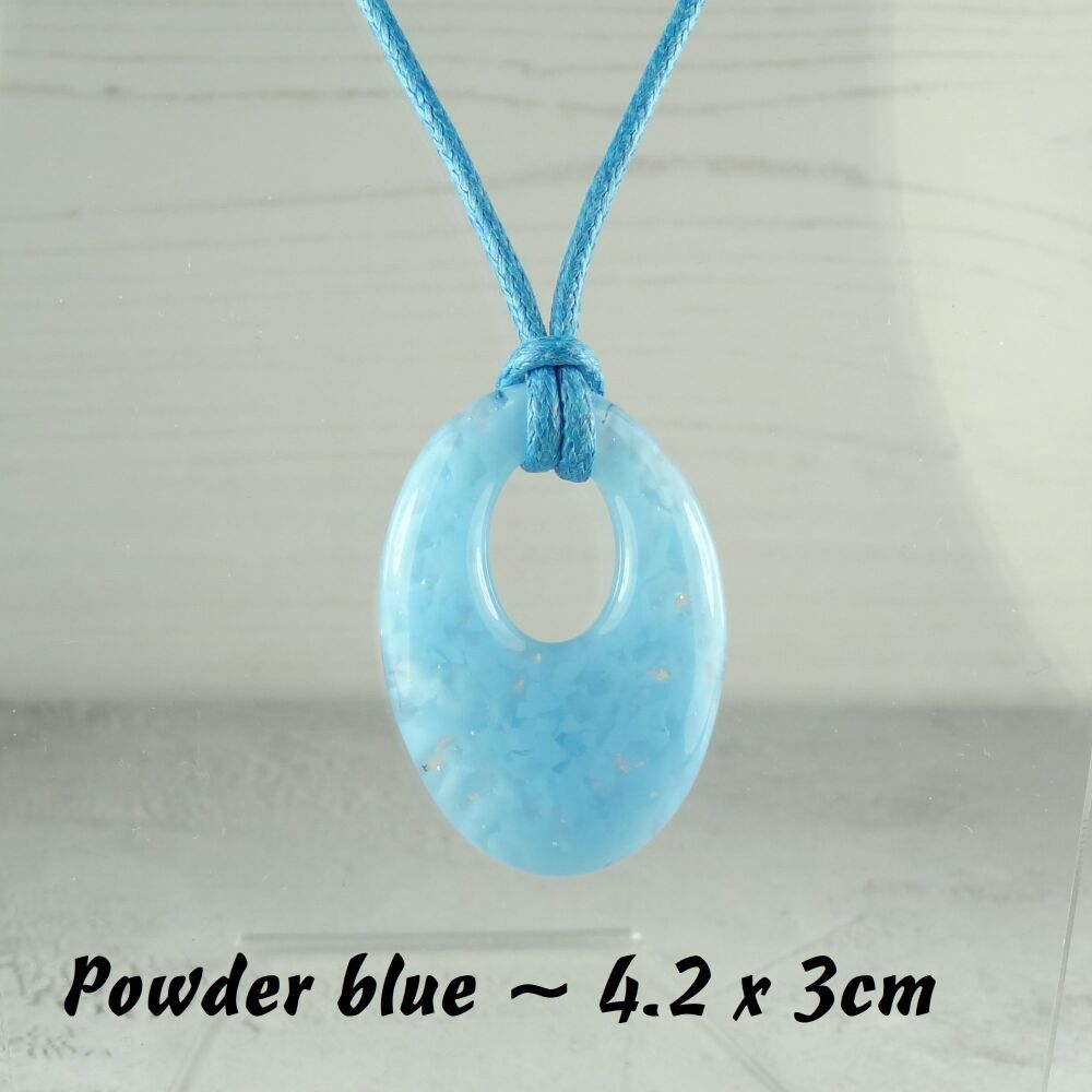 Handcrafted powder blue fused glass off-set oval pendant on a waxed cotton cord with lobster clasp (#17)