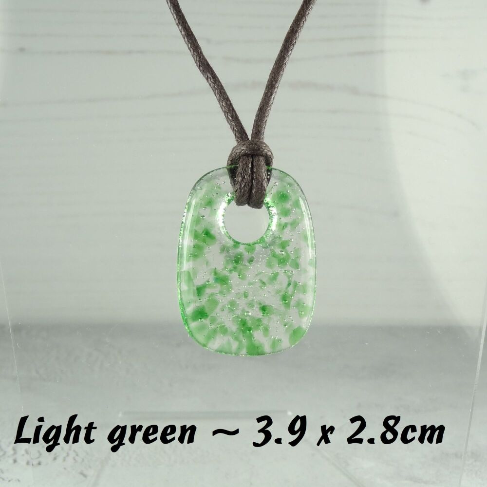 Handcrafted light green fused glass rectangular pendant on a waxed cotton cord with lobster clasp (#9)