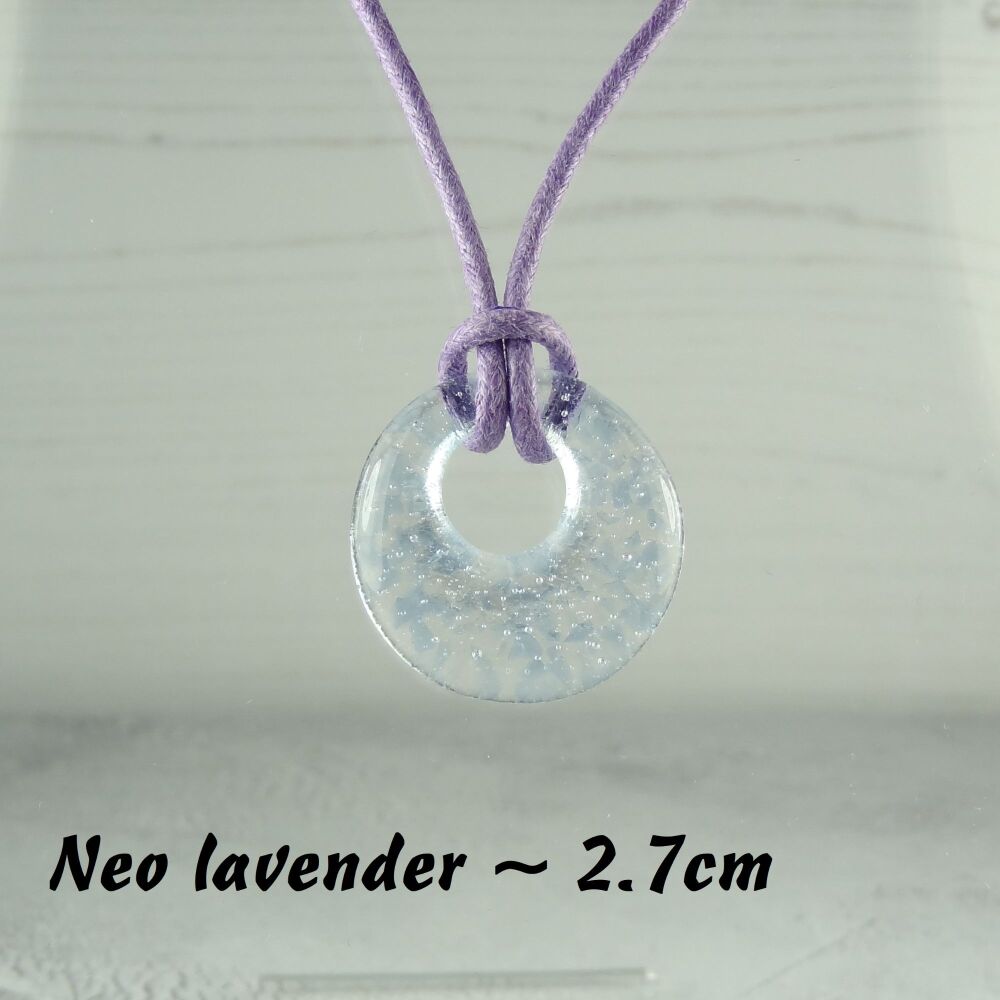 Handcrafted neo lavender fused glass off-set round pendant on a waxed cotton cord with lobster clasp (#4)