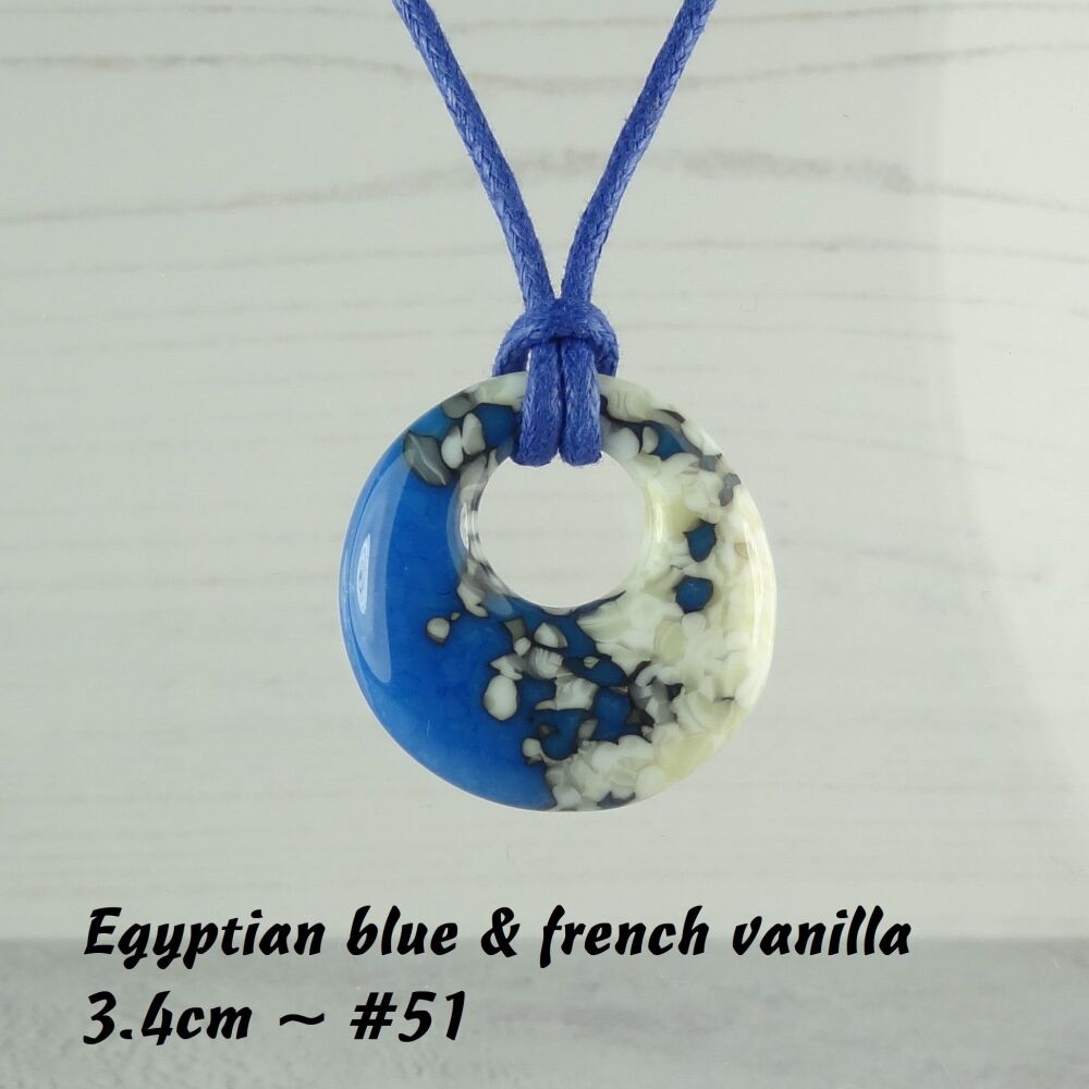 Handcrafted egyptian blue & french vanilla fused glass off-set round pendant on a waxed cotton cord with lobster clasp (#51)