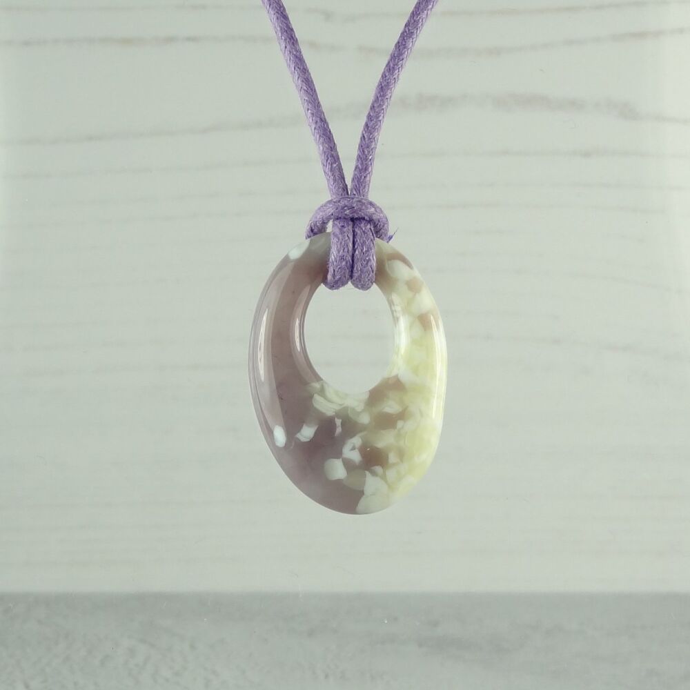 Handcrafted dusty lilac & french vanilla fused glass off-set oval pendant 