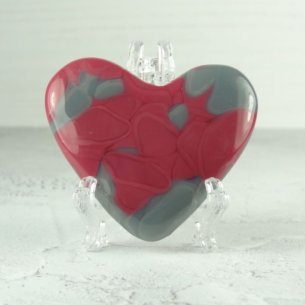 Handcrafted pink & grey fused glass heart with a stand - 5 cm (+/-) heart (#74)