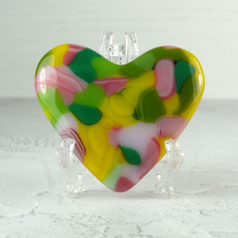 Handcrafted pink yellow & green fused glass heart with a stand - 5 cm (+/-) heart (#71)