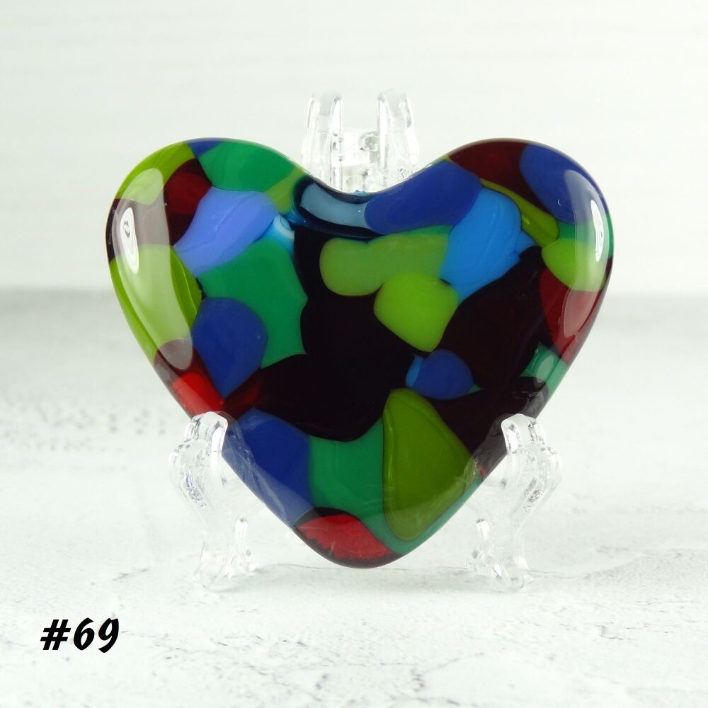 Handcrafted red blue & green fused glass heart with a stand - 5 cm (+/-) heart (#69)