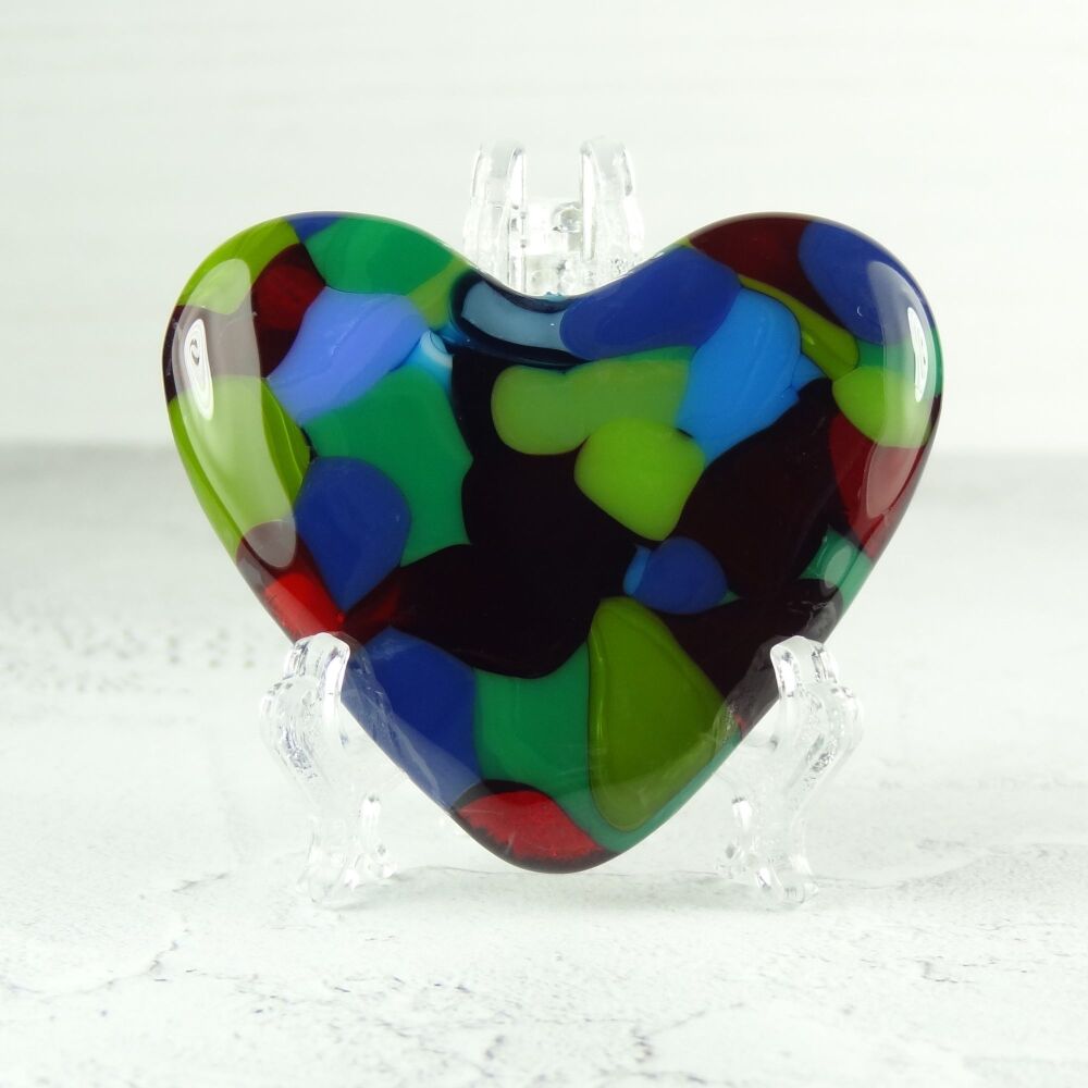 Handcrafted red blue & green fused glass heart with a stand - 5 cm (+/-) heart (#69)