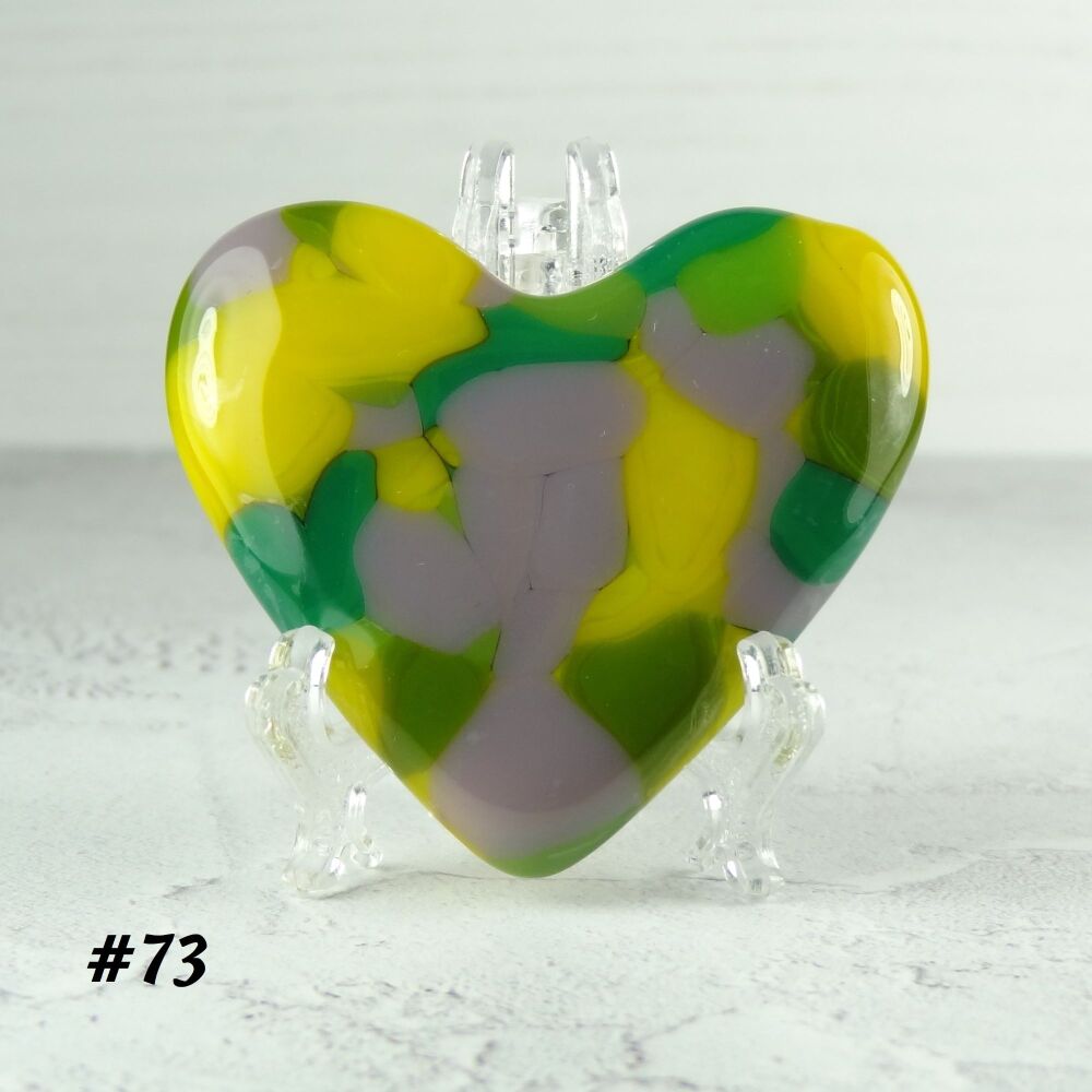 Handcrafted purple yellow & green fused glass heart with a stand - 5 cm (+/-) heart (#73)