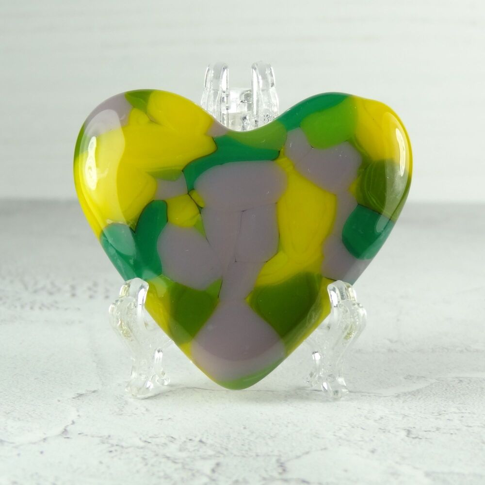 Handcrafted purple yellow & green fused glass heart with a stand - 5 cm (+/-) heart (#73)