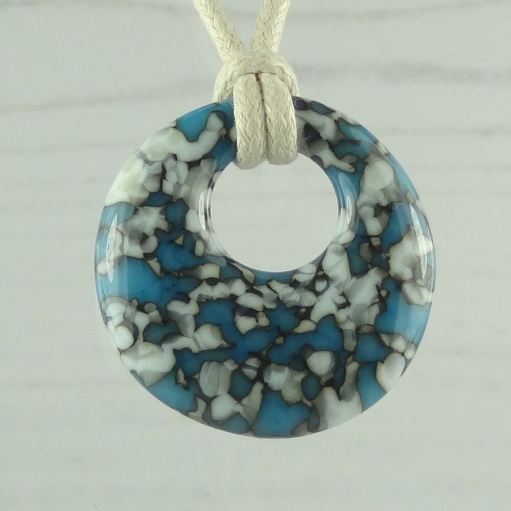 Handcrafted turquoise blue & french vanilla fused glass off-set round pendant on a waxed cotton cord with lobster clasp (#138)