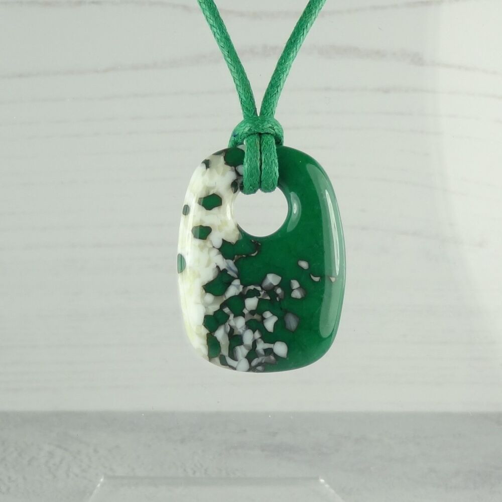 Handcrafted jade green & french vanilla fused glass rectangular pendant on a waxed cotton cord with lobster clasp (#59)