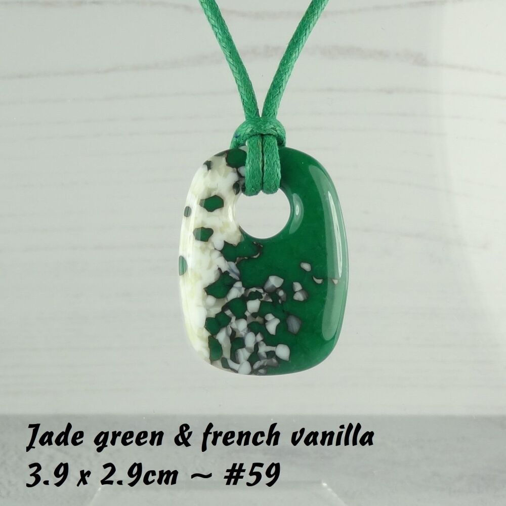 Handcrafted jade green & french vanilla fused glass rectangular pendant on a waxed cotton cord with lobster clasp (#59)