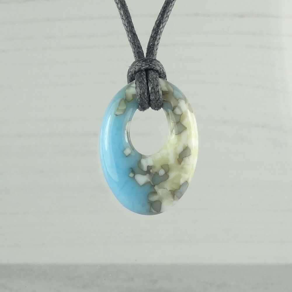 Handcrafted glacier blue & french vanilla fused glass oval necklace