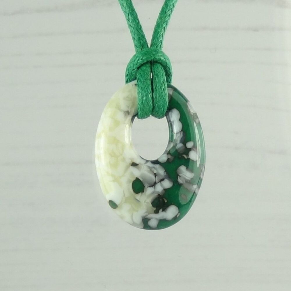 Handcrafted jade green & french vanilla fused glass oval necklace