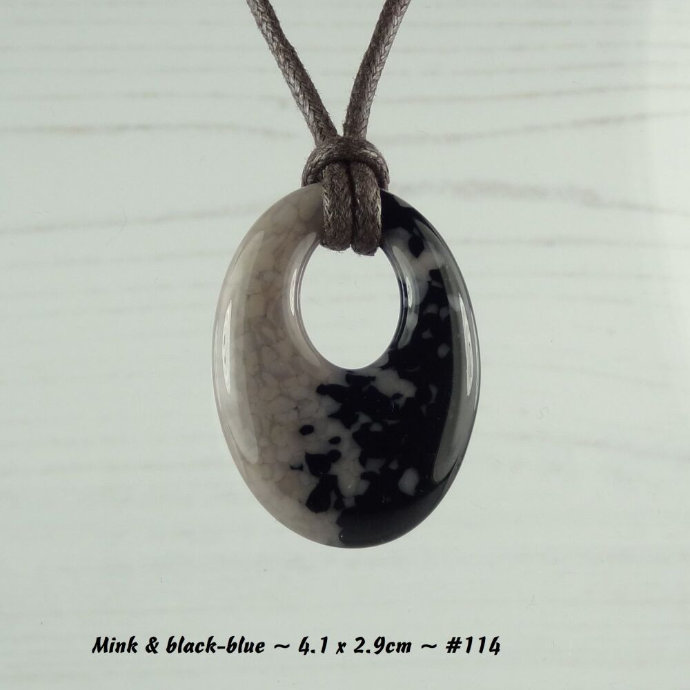 Handcrafted mink & black-blue fused glass off-set oval pendant on a waxed cotton cord with lobster clasp (#114)