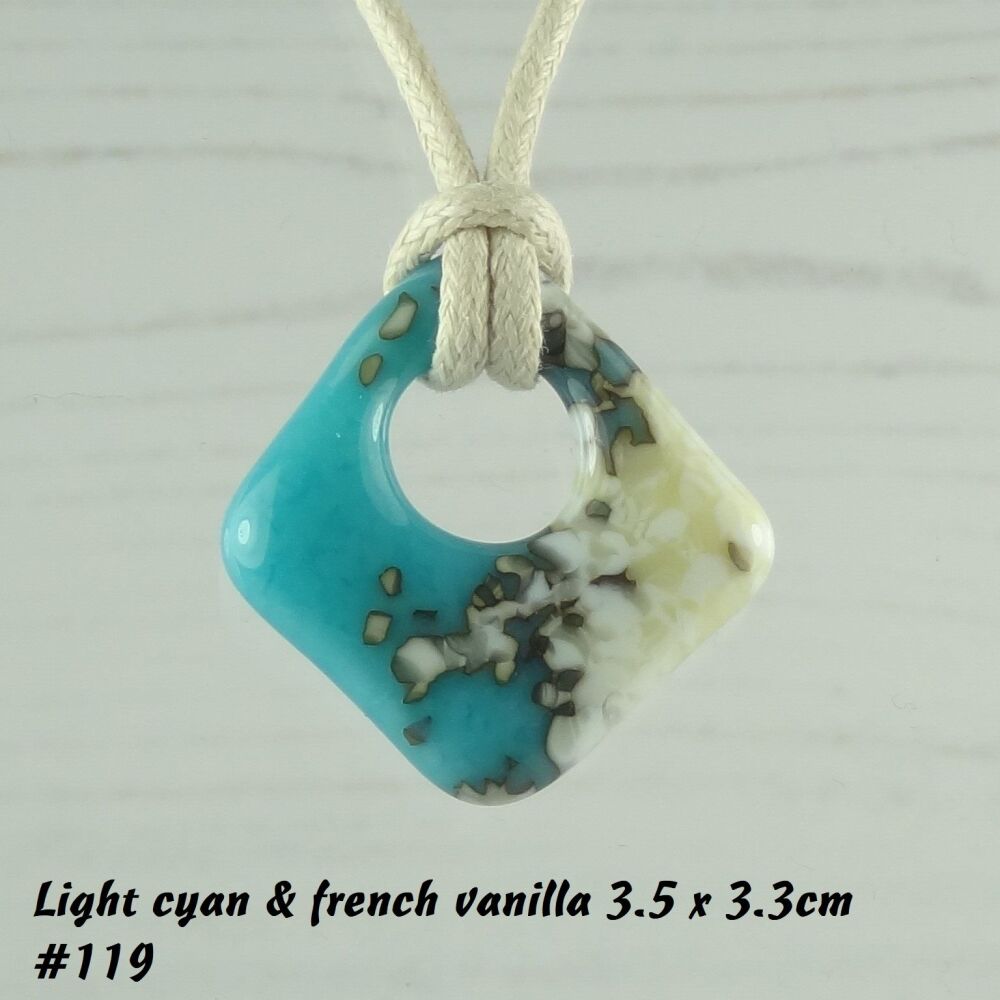 Handcrafted light cyan blue & french vanilla fused glass rhombus/diamond shaped pendant on a waxed cotton cord with lobster clasp (#119)