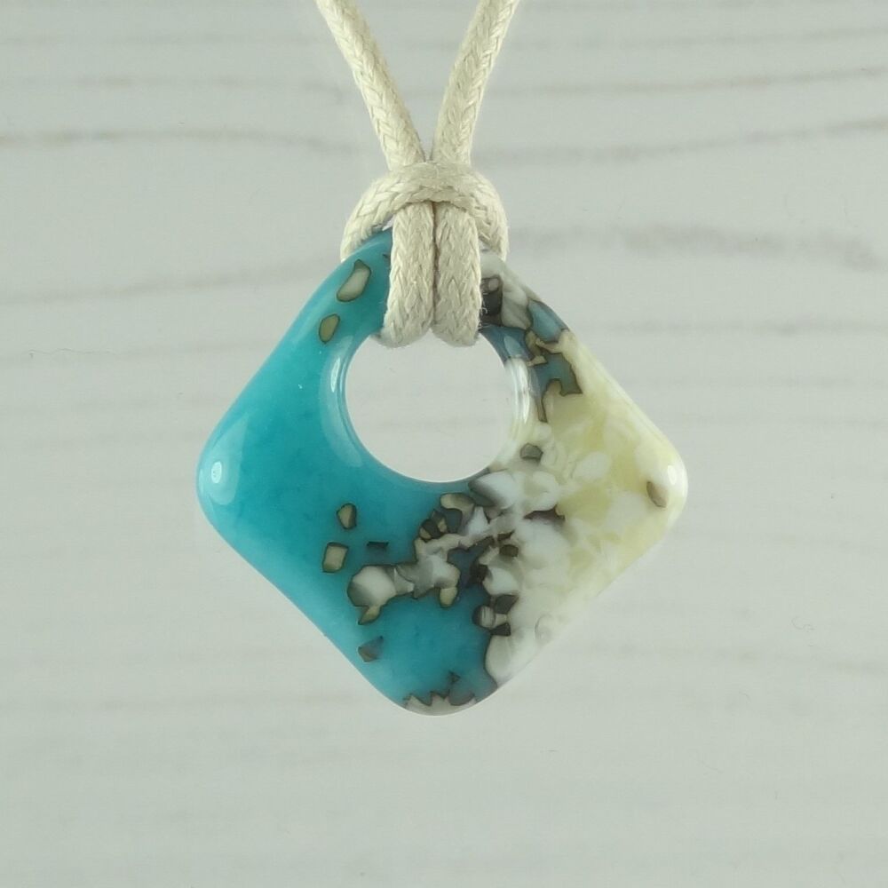 Handcrafted cyan blue & vanilla fused glass rhombus necklace