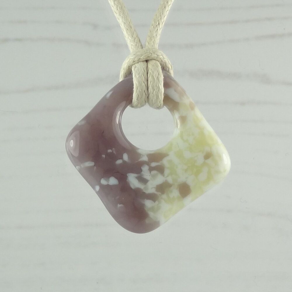 Handcrafted lilac purple & vanilla cream fused glass rhombus pendant cord