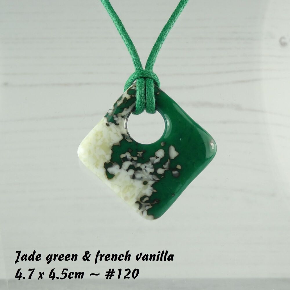 Handcrafted jade green & french vanilla fused glass rhombus/diamond shaped pendant on a waxed cotton cord with lobster clasp (#120)