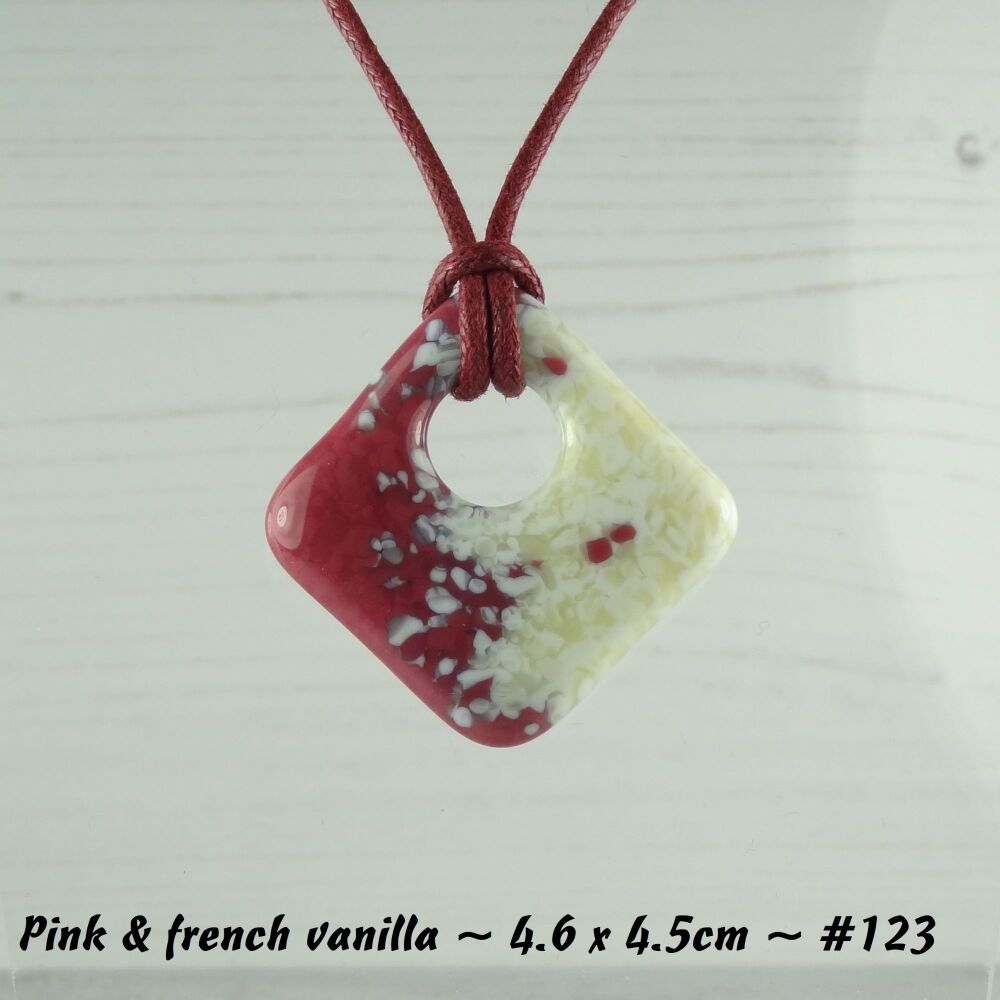 Handcrafted pink & french vanilla fused glass rhombus/diamond shaped pendant on a waxed cotton cord with lobster clasp (#123)