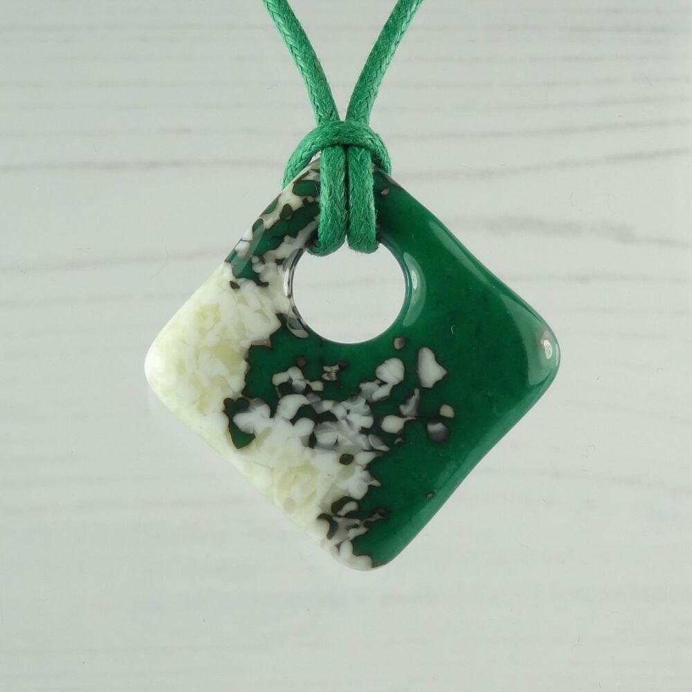 Handcrafted jade green & french vanilla fused glass rhombus/diamond shaped pendant on a waxed cotton cord with lobster clasp (#120)