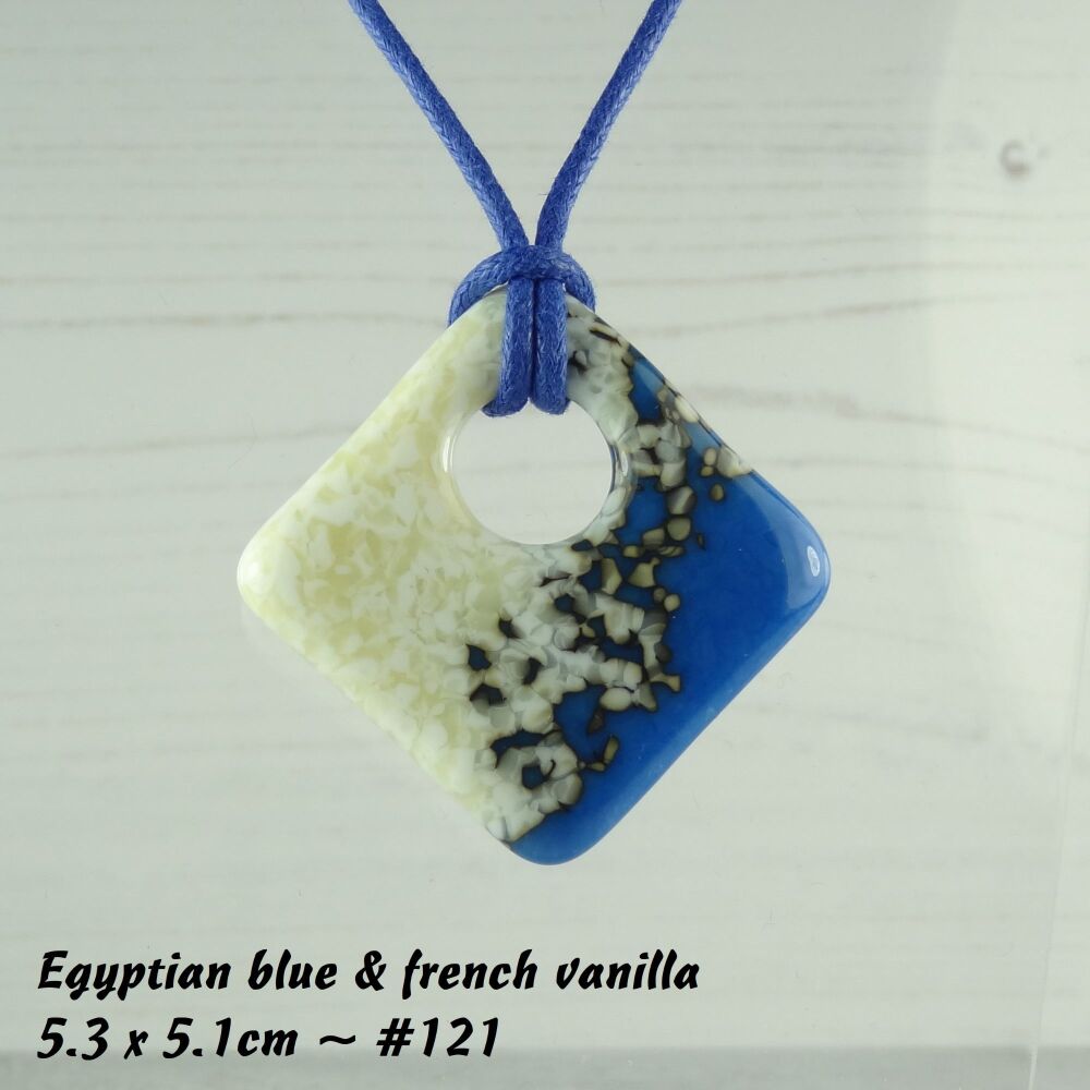 Handcrafted egyptian blue & french vanilla fused glass rhombus/diamond shaped pendant on a waxed cotton cord with lobster clasp (#121)