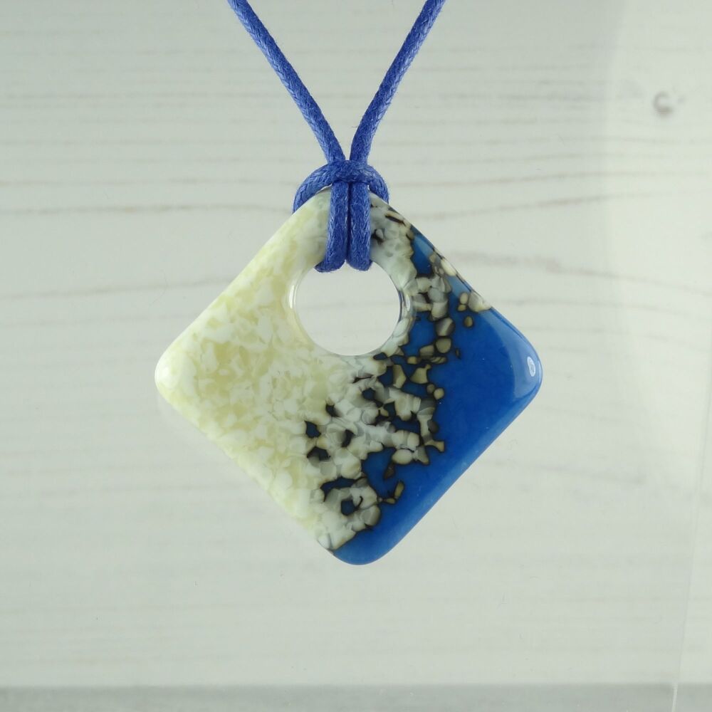 Handcrafted egyptian blue & french vanilla fused glass rhombus/diamond shaped pendant on a waxed cotton cord with lobster clasp (#121)