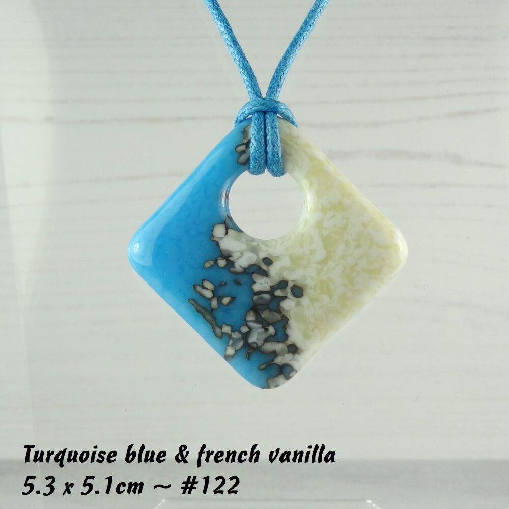 Handcrafted turquoise blue & french vanilla fused glass rhombus/diamond shaped pendant on a waxed cotton cord with lobster clasp (#122)