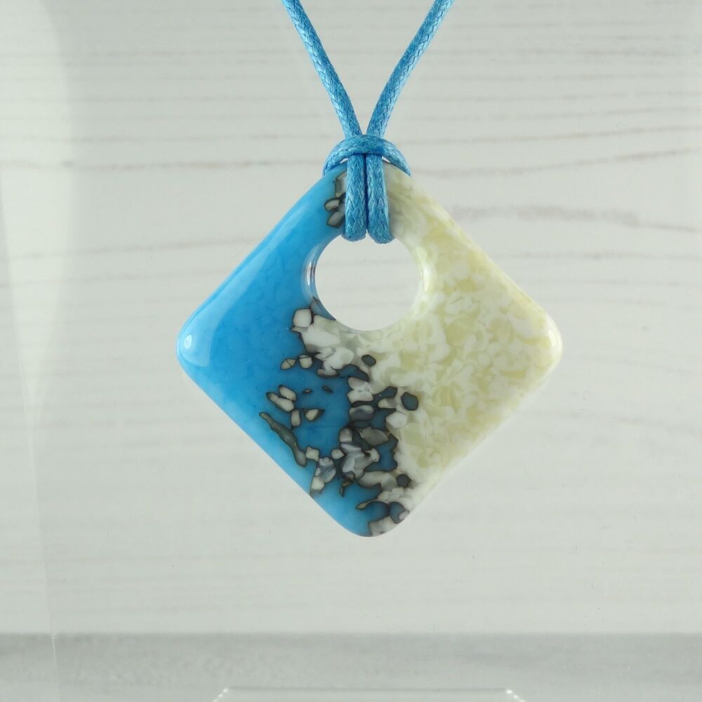 Handcrafted turquoise blue & french vanilla fused glass rhombus/diamond shaped pendant on a waxed cotton cord with lobster clasp (#122)