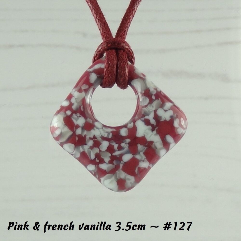 Handcrafted pink & french vanilla fused glass rhombus/diamond shaped pendant on a waxed cotton cord with lobster clasp (#127)