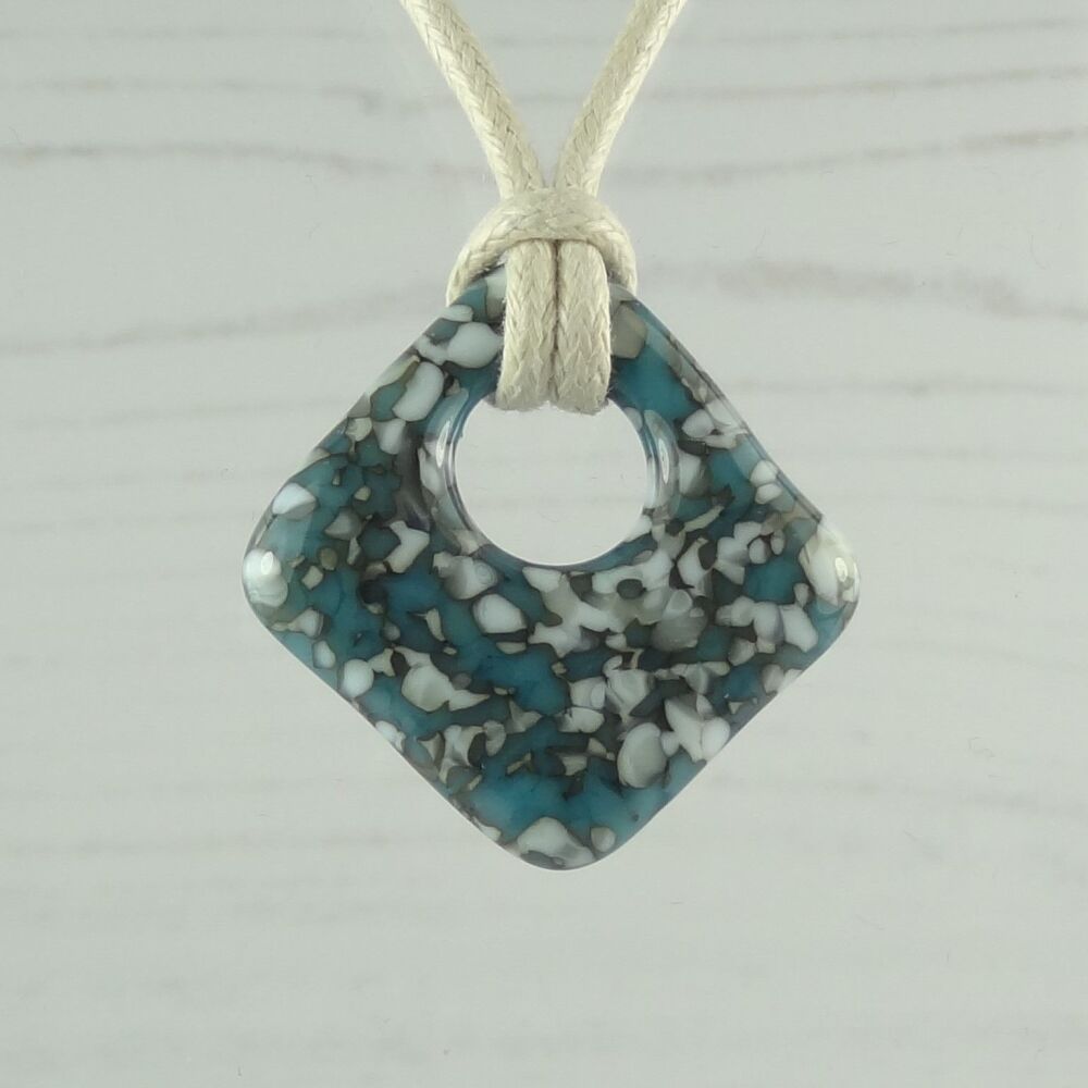 Handcrafted light cyan blue & french vanilla fused glass rhombus/diamond shaped pendant on a waxed cotton cord with lobster clasp (#141)