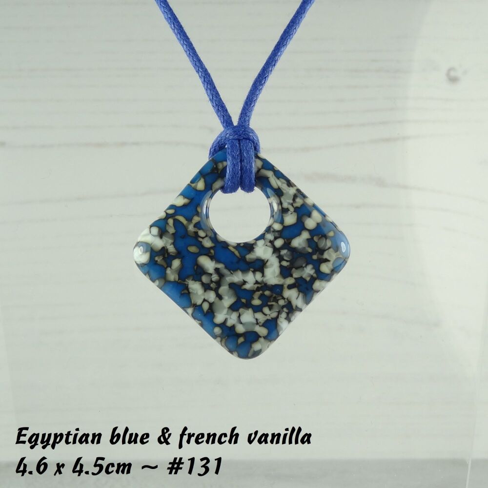 Handcrafted egyptian blue & french vanilla fused glass rhombus/diamond shaped pendant on a waxed cotton cord with lobster clasp (#131)