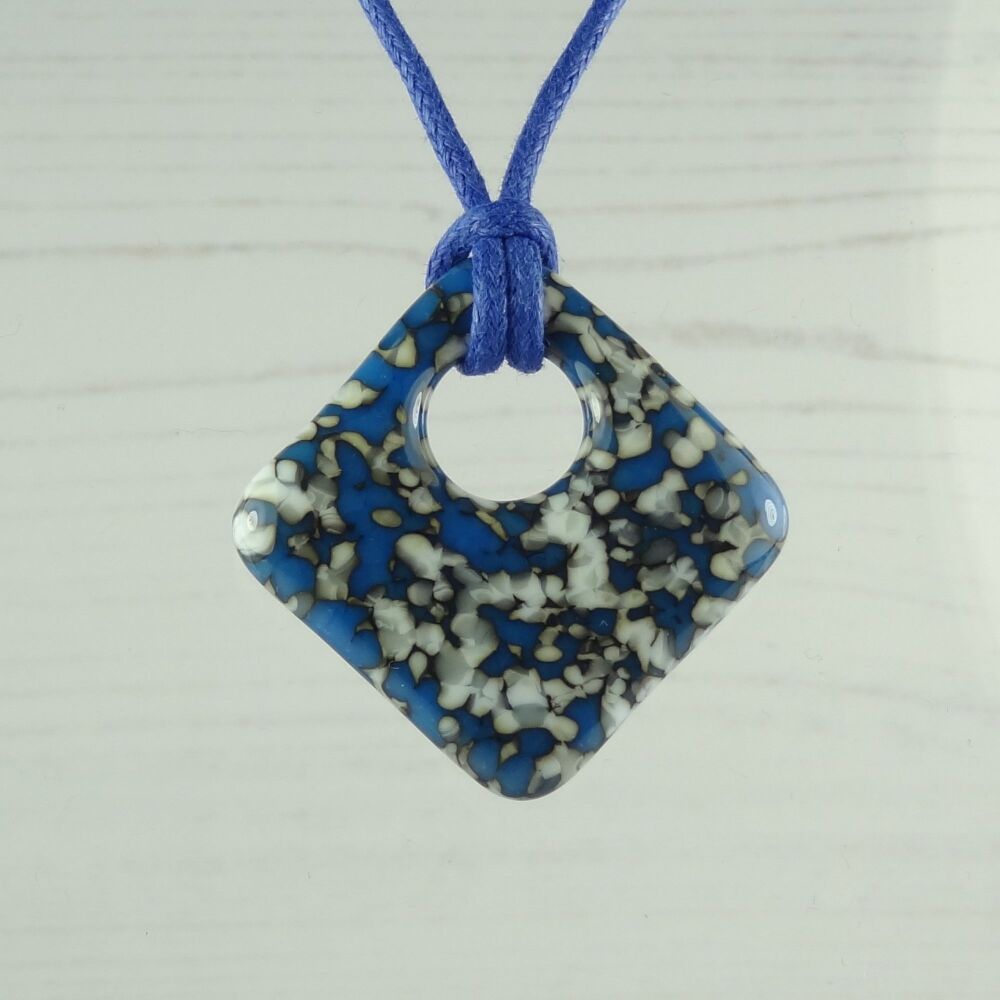 Handcrafted egyptian blue & french vanilla fused glass rhombus/diamond shaped pendant on a waxed cotton cord with lobster clasp (#131)