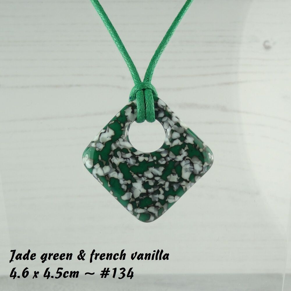 Handcrafted jade green & french vanilla fused glass rhombus/diamond shaped pendant on a waxed cotton cord with lobster clasp (#134)