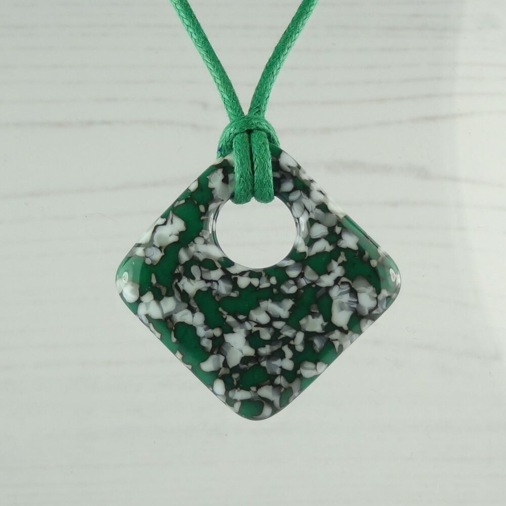 Handcrafted jade green & french vanilla fused glass rhombus/diamond shaped pendant on a waxed cotton cord with lobster clasp (#134)