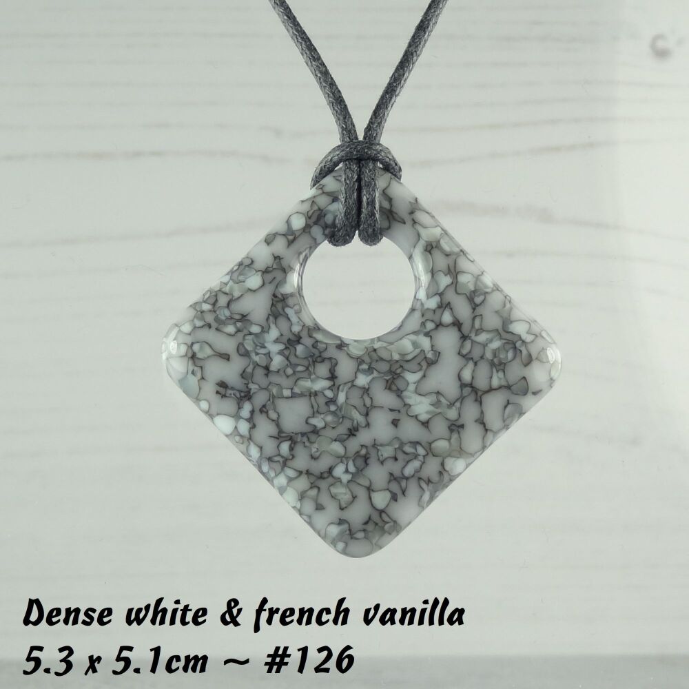 Handcrafted dense white & french vanilla grey fused glass rhombus/diamond shaped pendant on a waxed cotton cord with lobster clasp (#126)