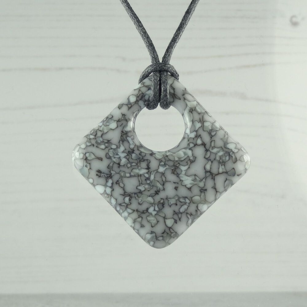 Handcrafted dense white & french vanilla grey fused glass rhombus/diamond shaped pendant on a waxed cotton cord with lobster clasp (#126)